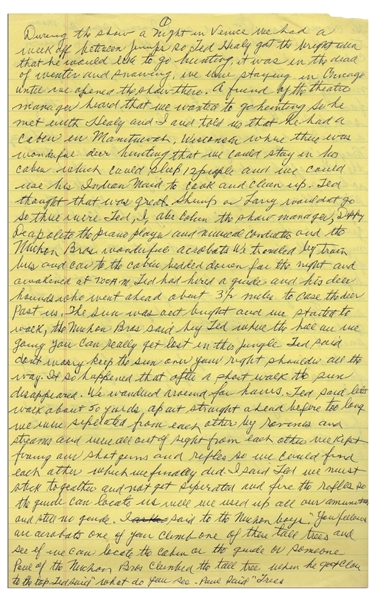 Moe Howard's Handwritten Manuscript Page When Writing His Autobiography -- Moe's Hunting Trip With Ted Healy and a 3'' x 2.5'' Note Listing All the Stooges Names -- Two Pages on One 8'' x 12.5'' Sheet